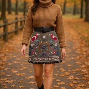 Umgee Olive Embroidered Mini Skirt Size M Boho Fall Nature Whimsy transitional